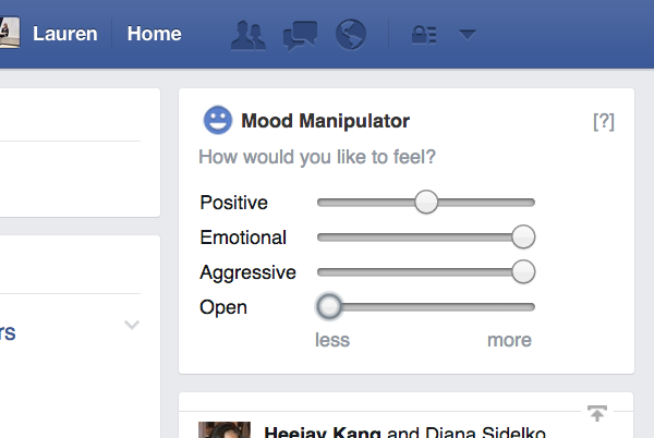 a screenshot of Lauren McCarthy's Facebook Mood Manipulator add-on